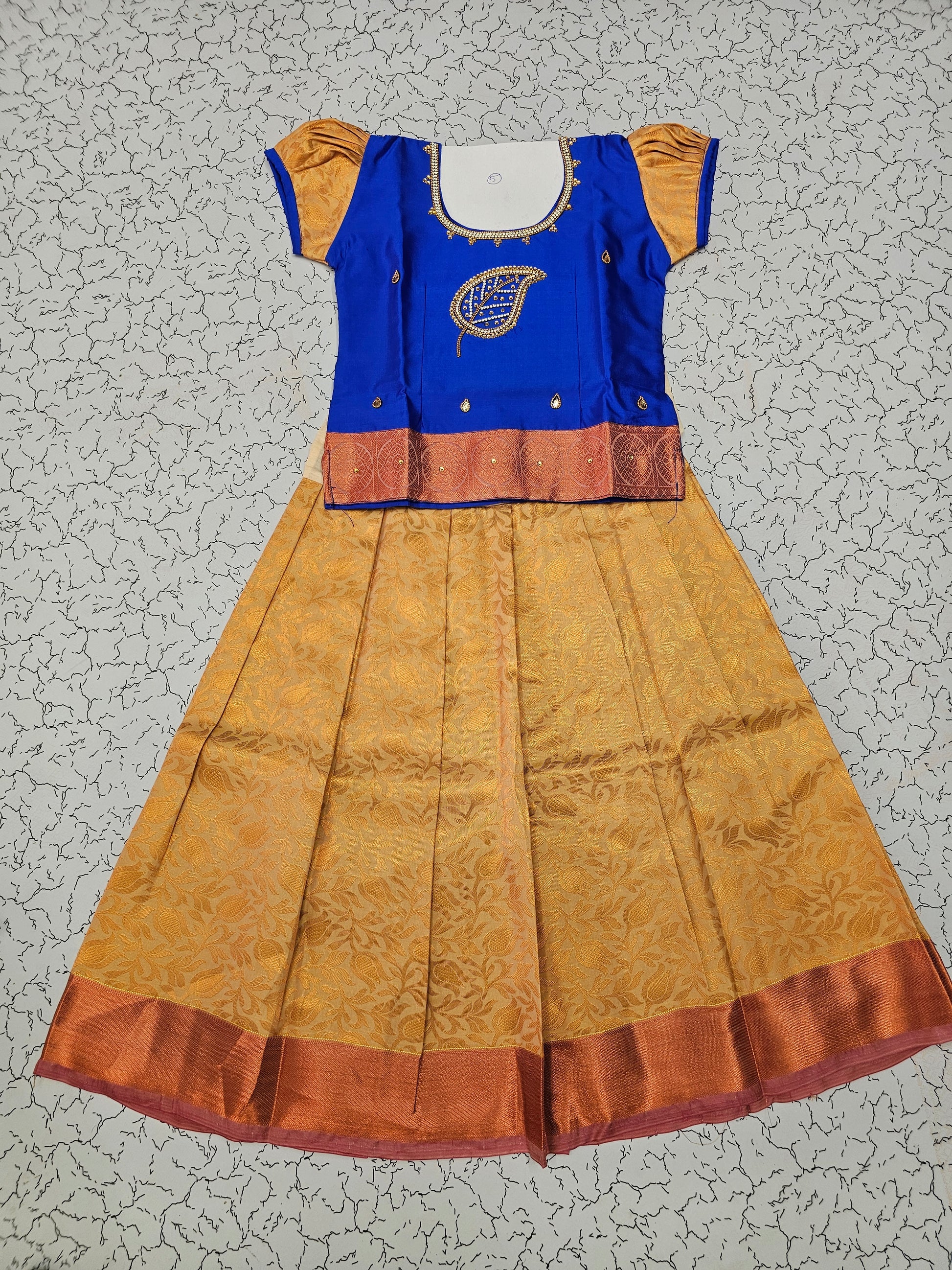 Royal blue and mustard yellow silk pattu pavadai for girls with zari leaf embroidery and puff sleeves – Sri Thulir Tex