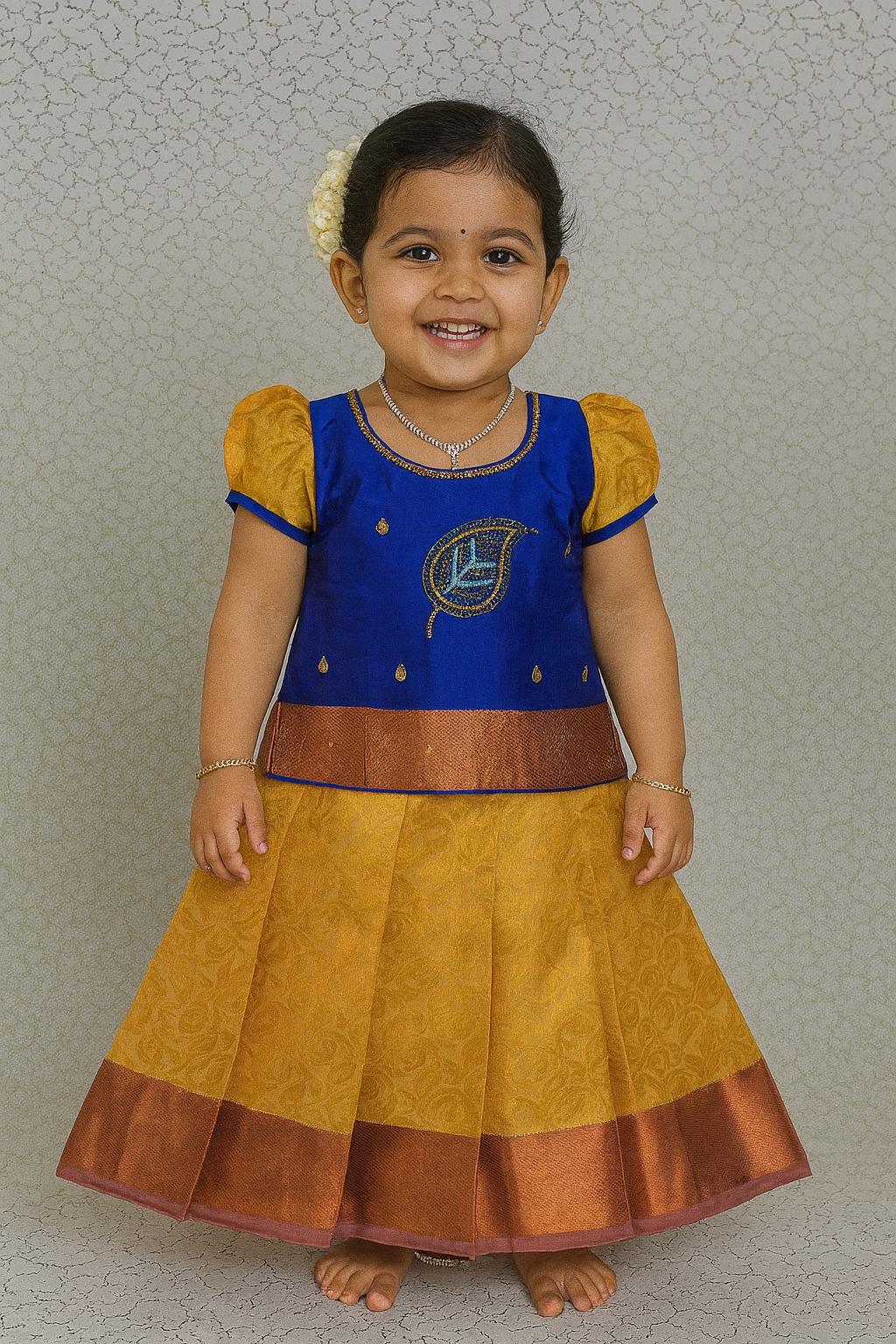 Royal blue and mustard yellow silk pattu pavadai for girls with zari leaf embroidery and puff sleeves – Sri Thulir Tex