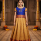 Royal blue and mustard yellow silk pattu pavadai for girls with zari leaf embroidery and puff sleeves – Sri Thulir Tex