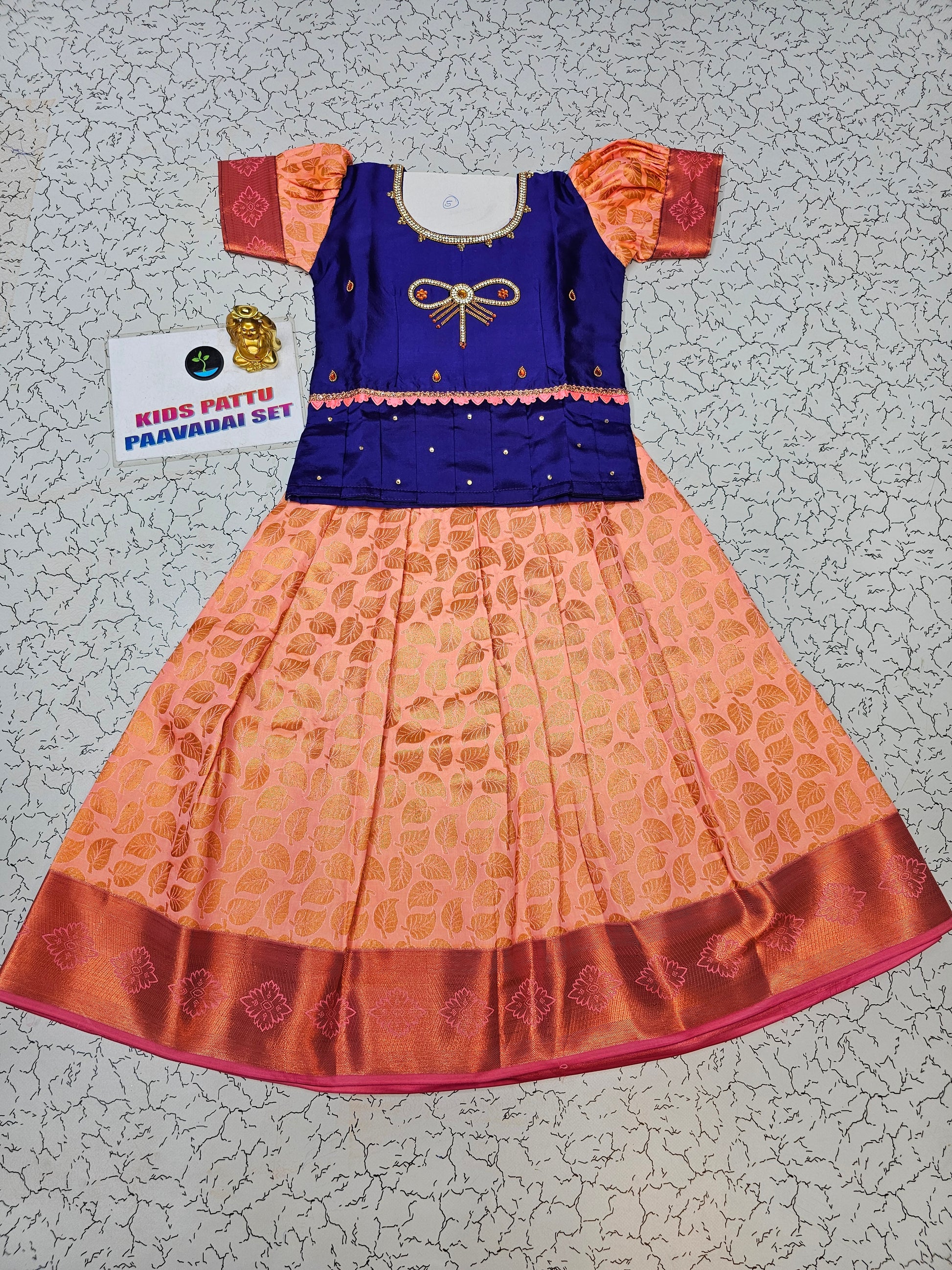 Royal blue and peach bridal silk pattu pavadai for kids with puff sleeves and bow embroidery – Sri Thulir Tex South Indian traditional festive wear