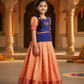 Royal blue and peach bridal silk pattu pavadai for kids with puff sleeves and bow embroidery – Sri Thulir Tex South Indian traditional festive wear