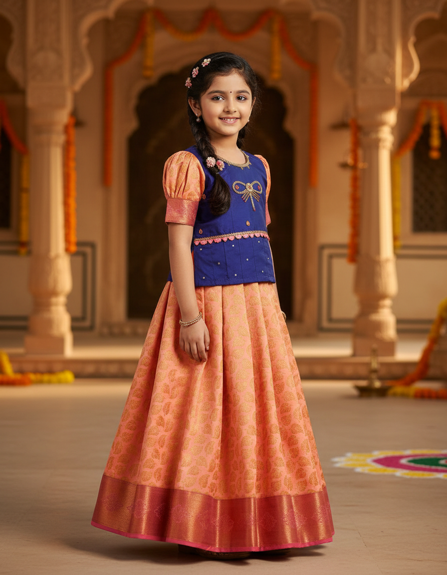 Royal blue and peach bridal silk pattu pavadai for kids with puff sleeves and bow embroidery – Sri Thulir Tex South Indian traditional festive wear