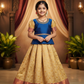 Royal blue and cream kids pattu pavadai set with puff sleeves and bridal silk skirt by Sri Thulir Tex