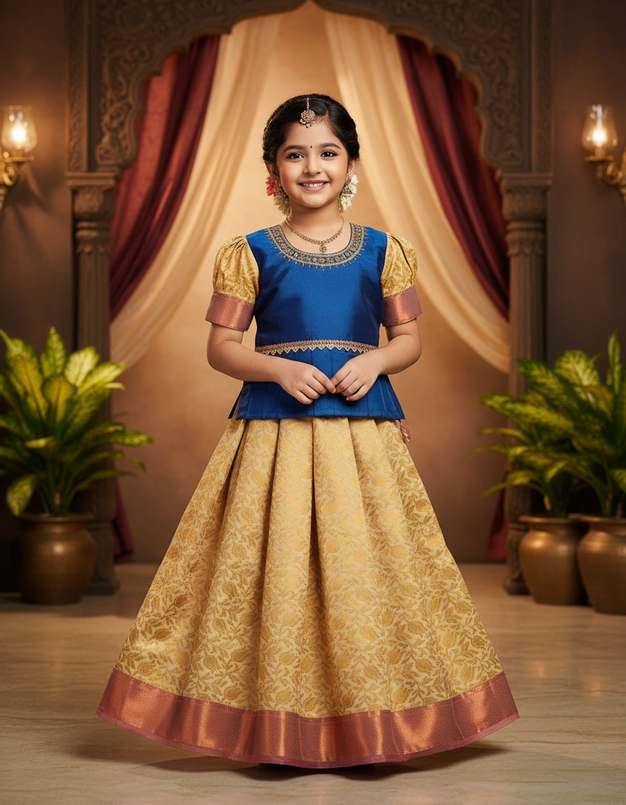 Royal blue and cream kids pattu pavadai set with puff sleeves and bridal silk skirt by Sri Thulir Tex
