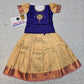 Royal blue and cream kids pattu pavadai set with puff sleeves and bridal silk skirt by Sri Thulir Tex