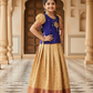 Royal blue and cream kids pattu pavadai set with puff sleeves and bridal silk skirt by Sri Thulir Tex