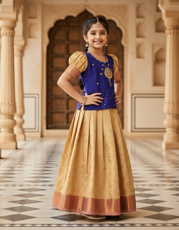 Royal blue and cream kids pattu pavadai set with puff sleeves and bridal silk skirt by Sri Thulir Tex