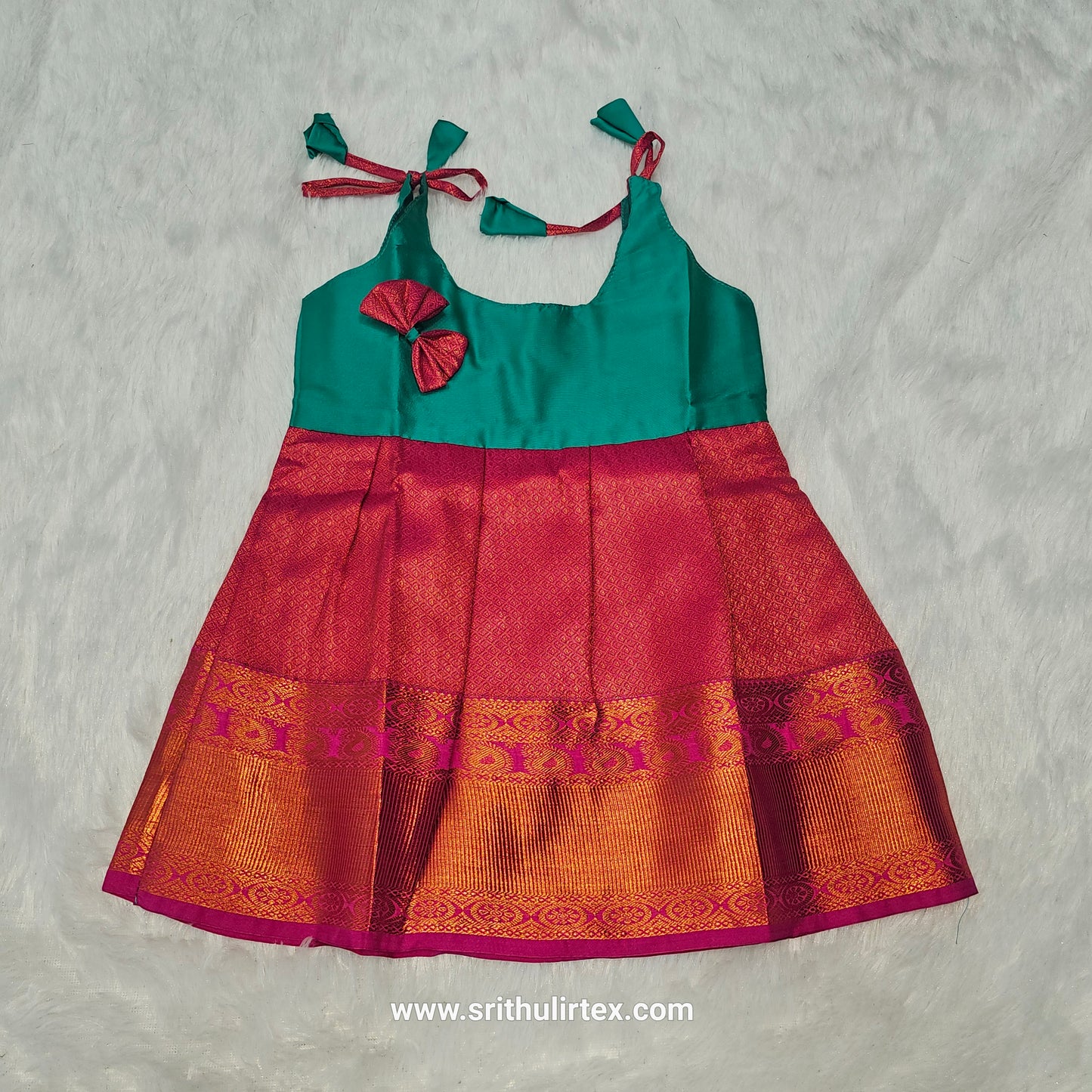 semi silk baby frock with rich gold zari border for 7–12 month girls by Sri Thulir Tex