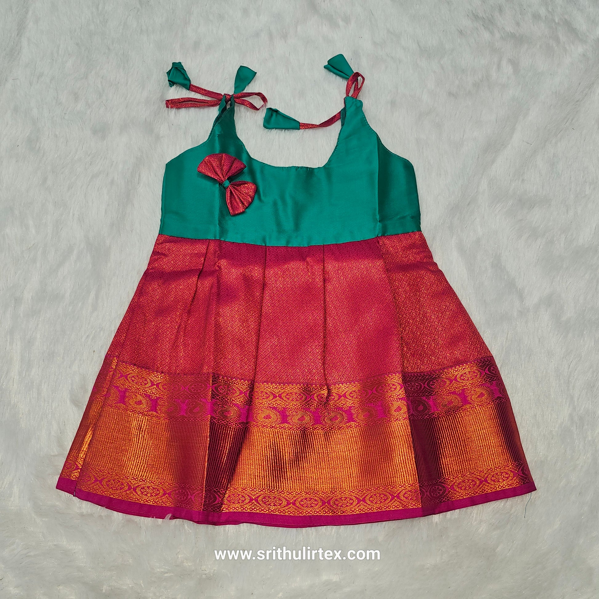 semi silk baby frock with rich gold zari border for 7–12 month girls by Sri Thulir Tex