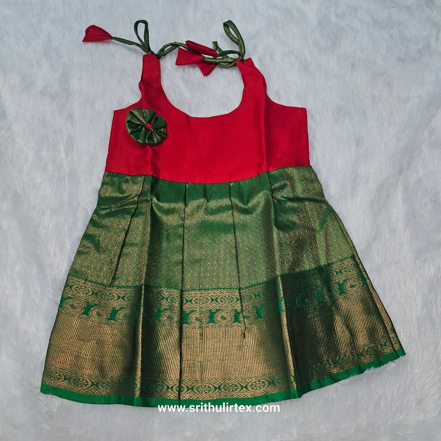 semi silk baby frock with rich gold zari border for 7–12 month girls by Sri Thulir Tex