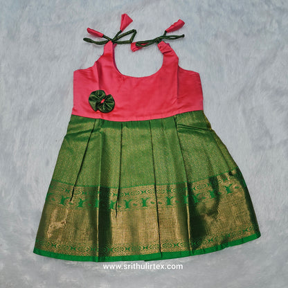semi silk baby frock with rich gold zari border for 7–12 month girls by Sri Thulir Tex