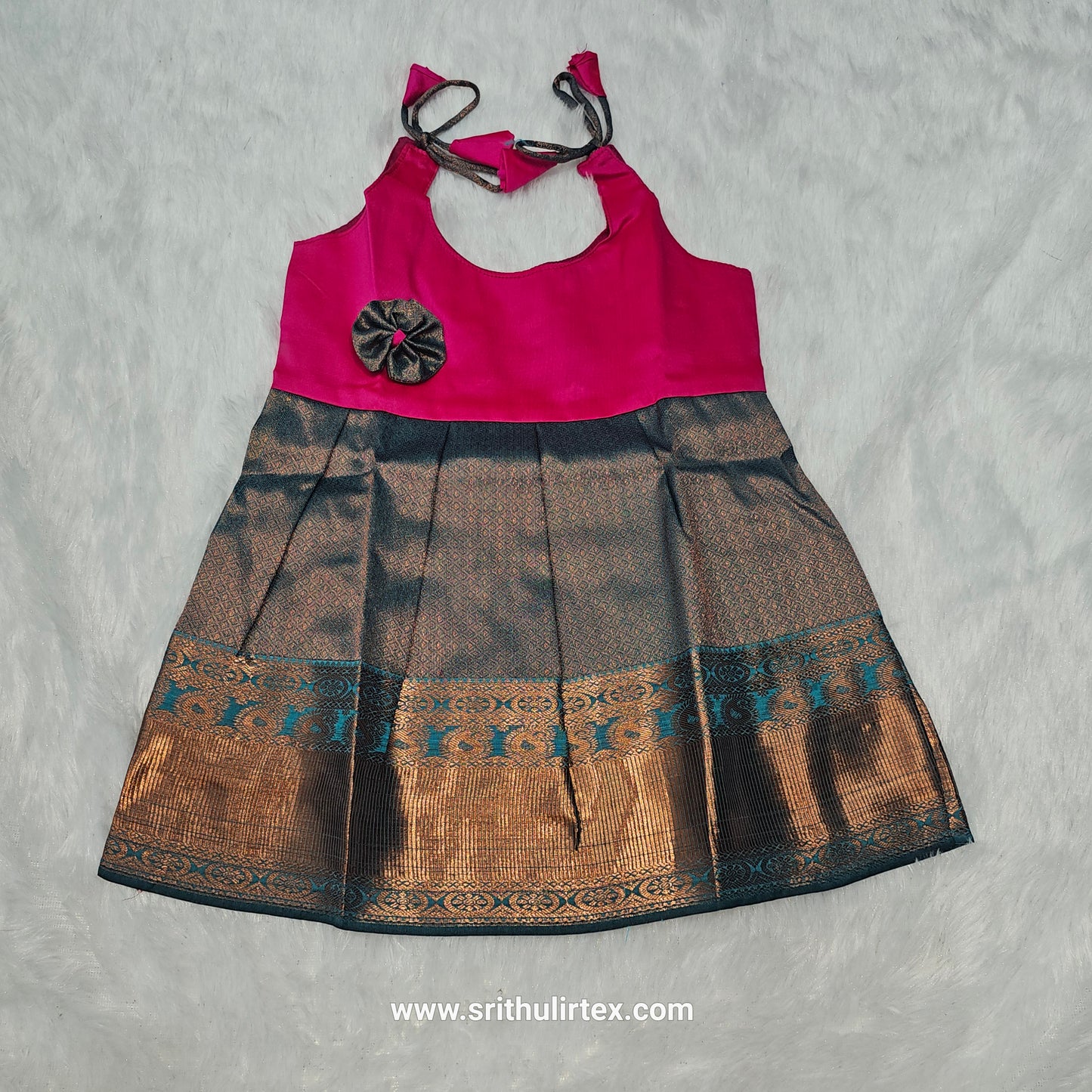 semi silk baby frock with rich gold zari border for 7–12 month girls by Sri Thulir Tex