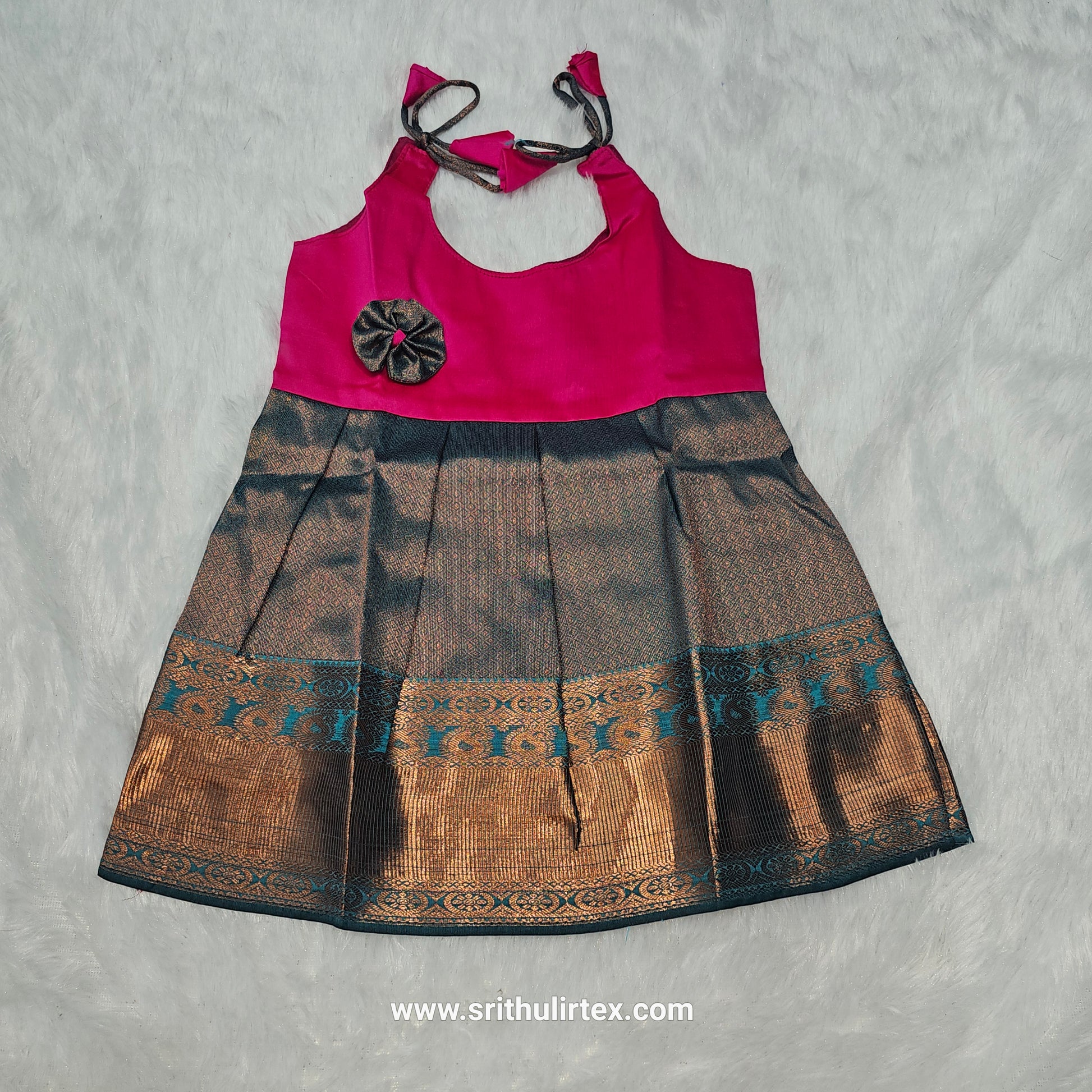 semi silk baby frock with rich gold zari border for 7–12 month girls by Sri Thulir Tex