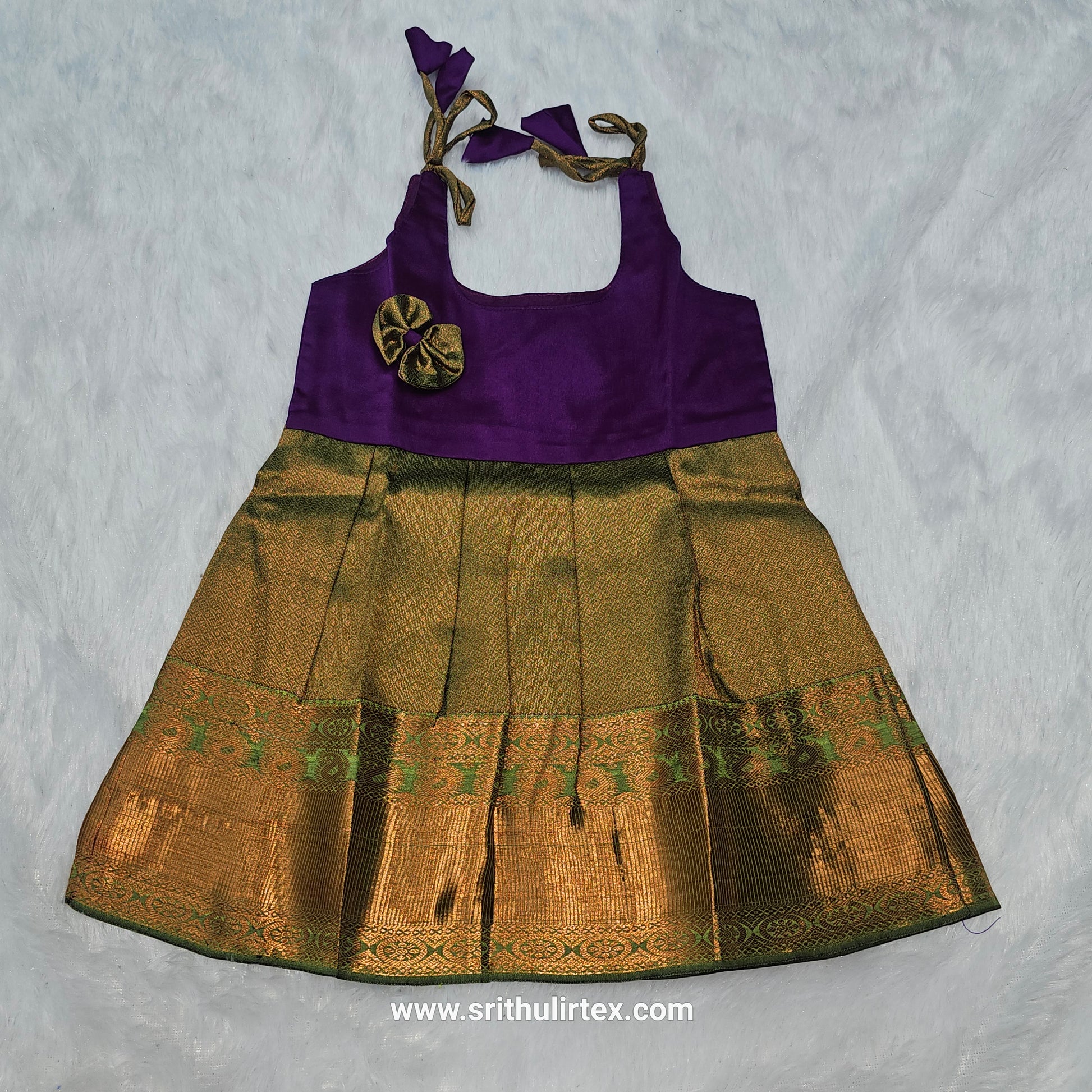 semi silk baby frock with rich gold zari border for 7–12 month girls by Sri Thulir Tex