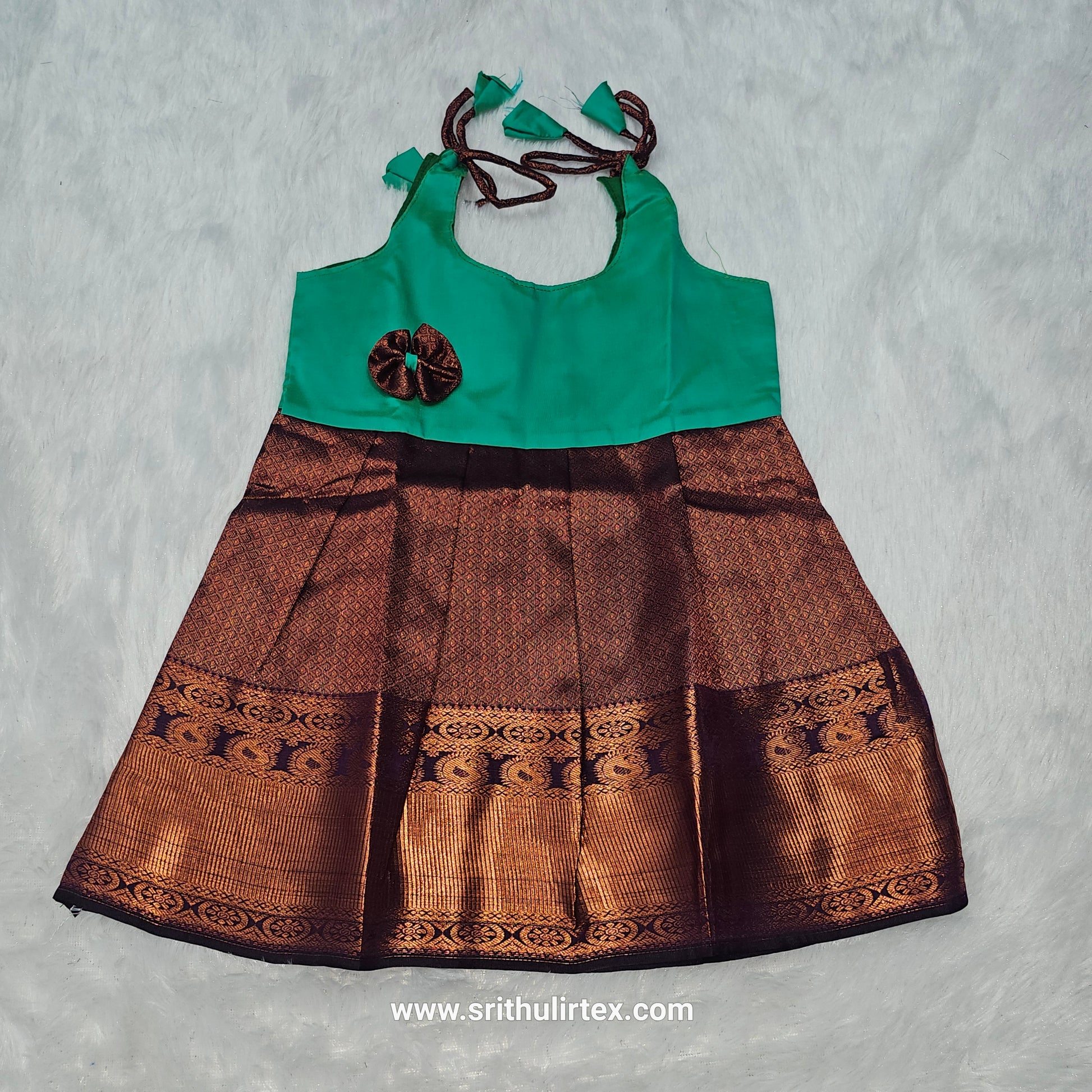 semi silk baby frock with rich gold zari border for 7–12 month girls by Sri Thulir Tex