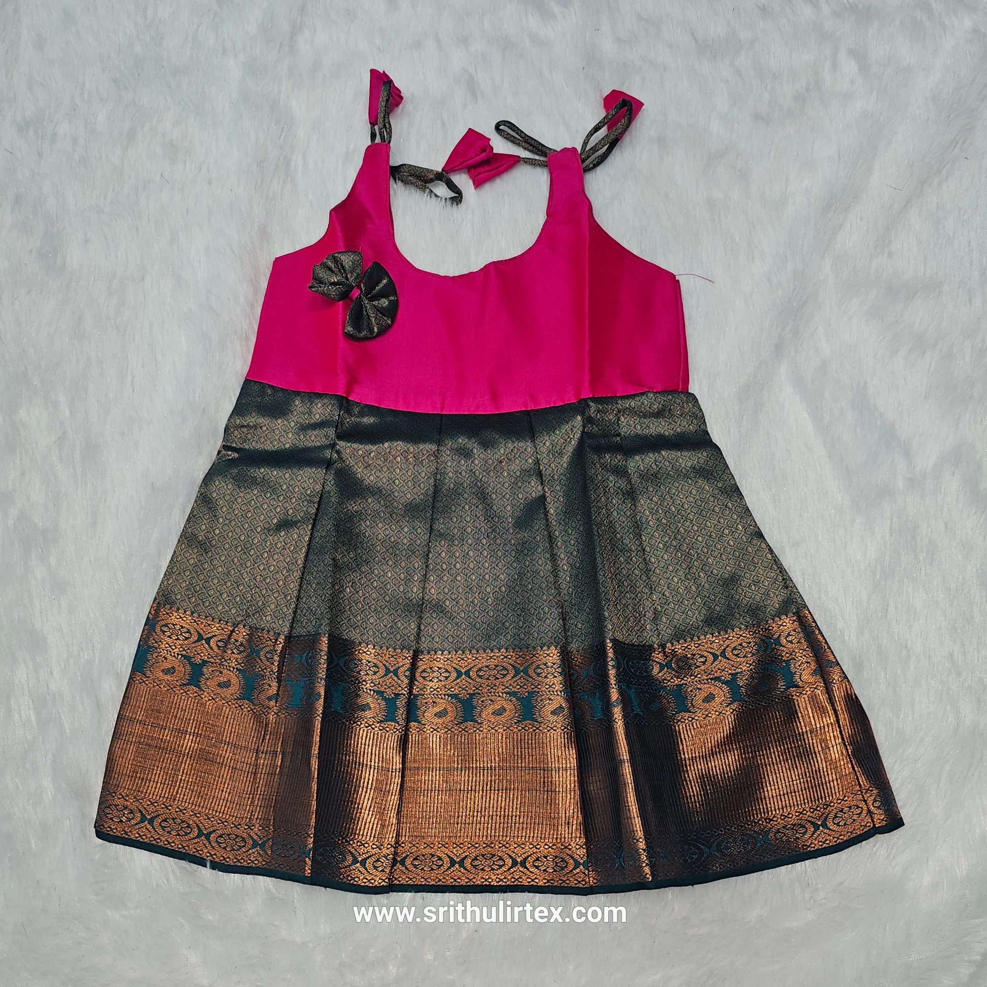 semi silk baby frock with rich gold zari border for 7–12 month girls by Sri Thulir Tex