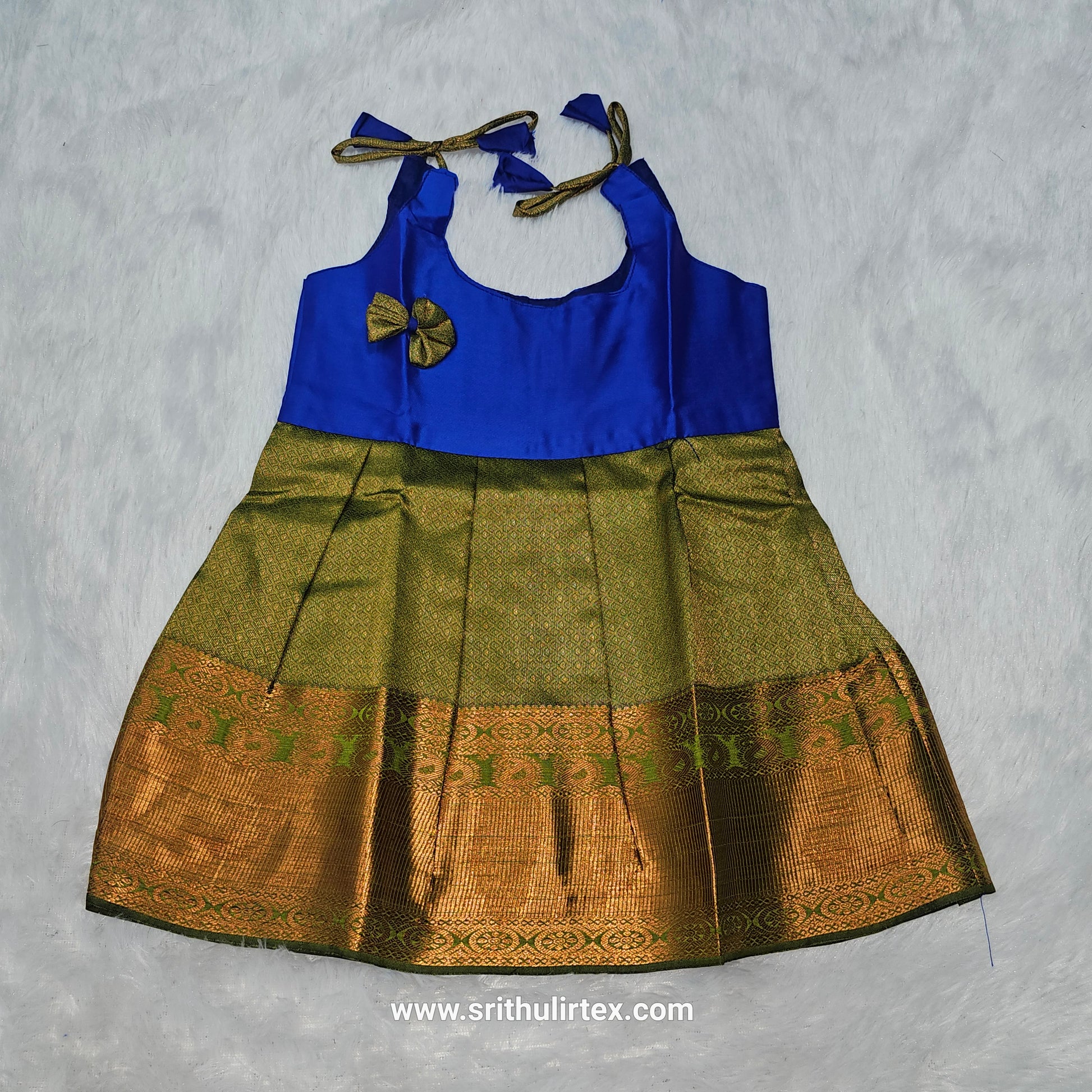 semi silk baby frock with rich gold zari border for 7–12 month girls by Sri Thulir Tex
