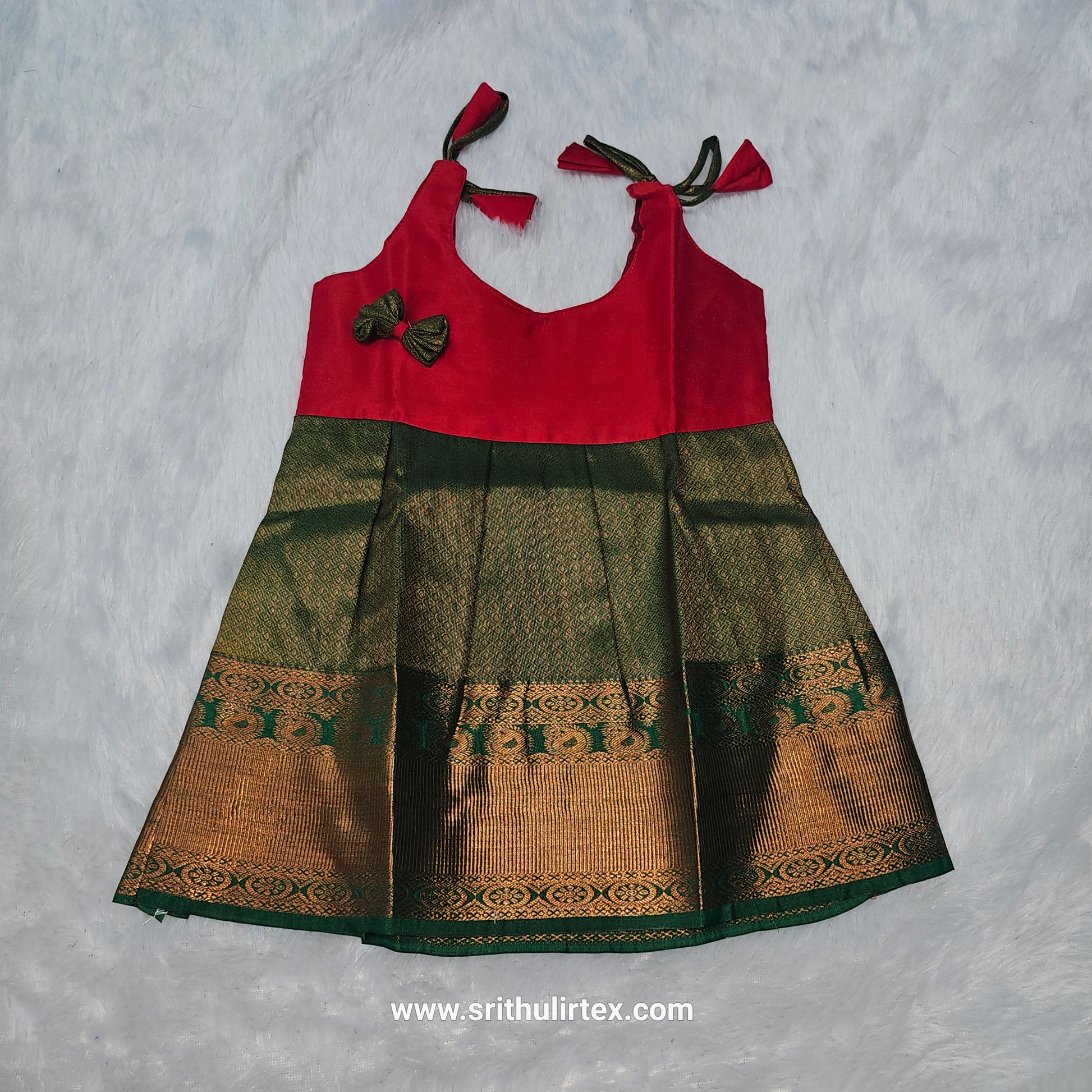 semi silk baby frock with rich gold zari border for 7–12 month girls by Sri Thulir Tex