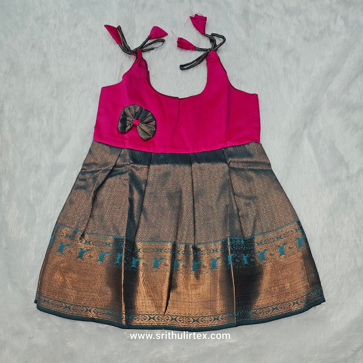 semi silk baby frock with rich gold zari border for 7–12 month girls by Sri Thulir Tex