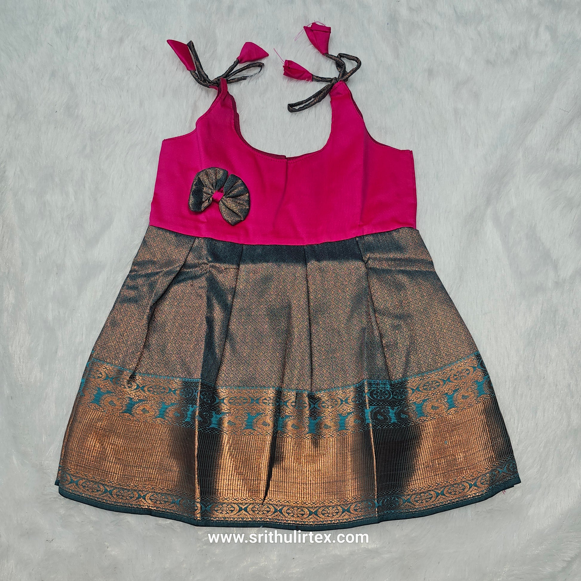 semi silk baby frock with rich gold zari border for 7–12 month girls by Sri Thulir Tex