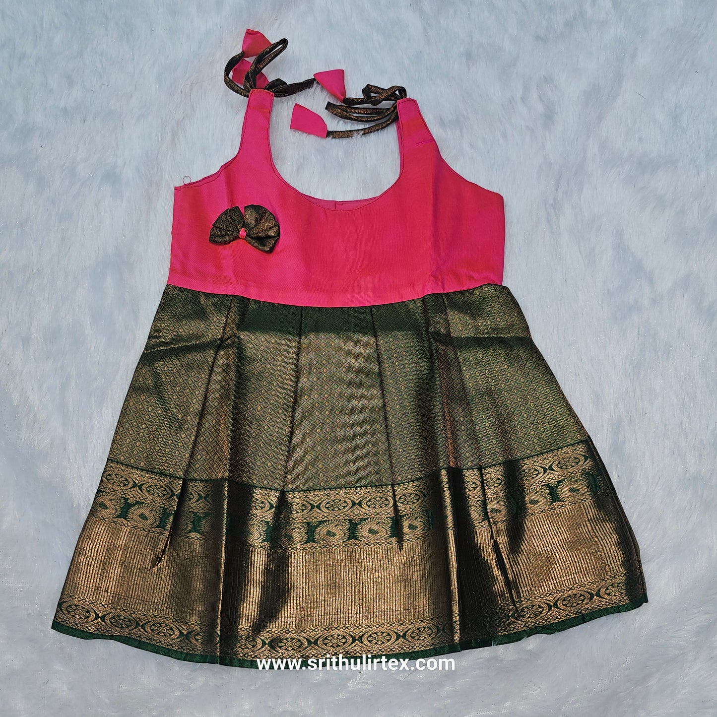 semi silk baby frock with rich gold zari border for 7–12 month girls by Sri Thulir Tex