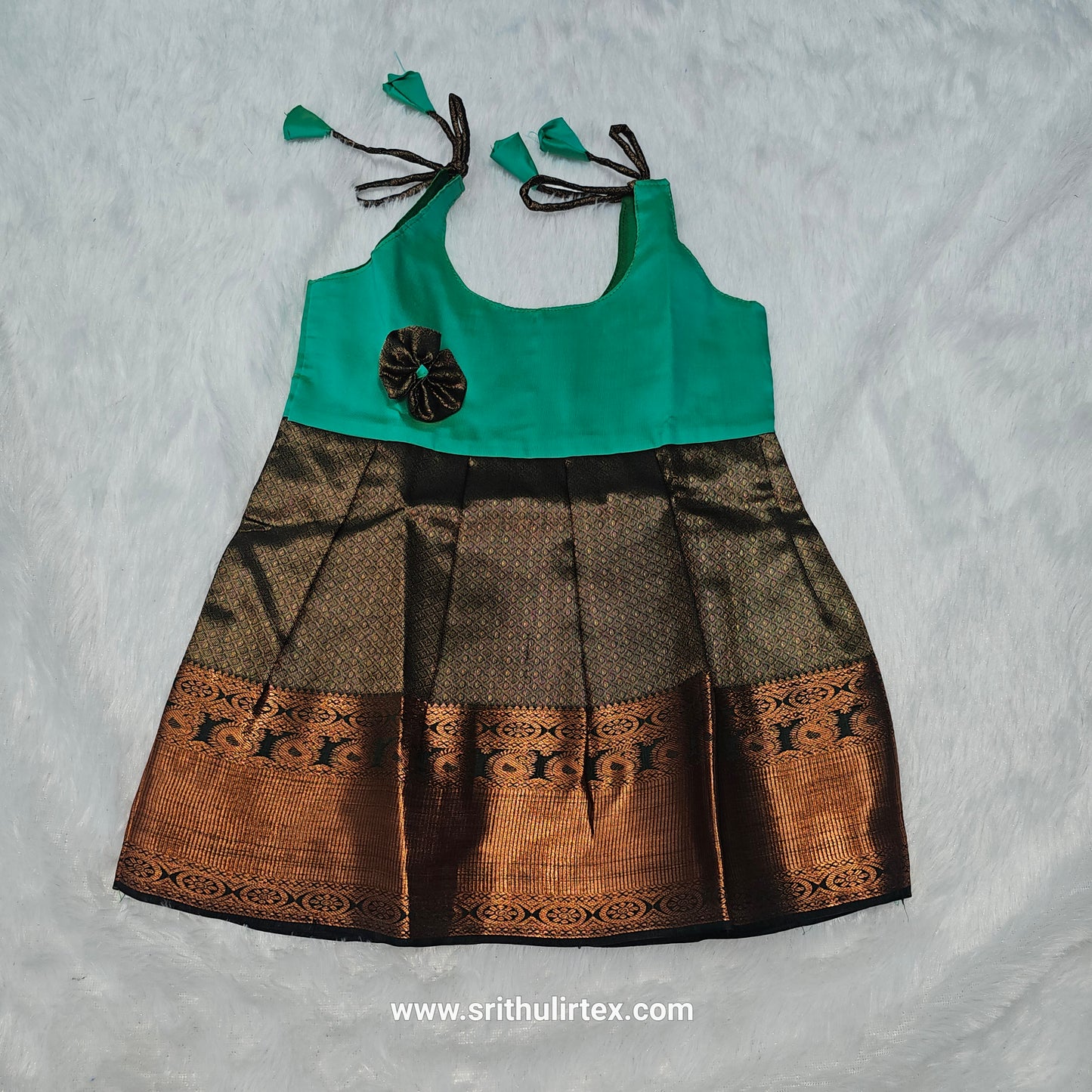 semi silk baby frock with rich gold zari border for 7–12 month girls by Sri Thulir Tex