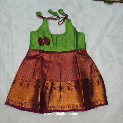 semi silk baby frock with rich gold zari border for 7–12 month girls by Sri Thulir Tex