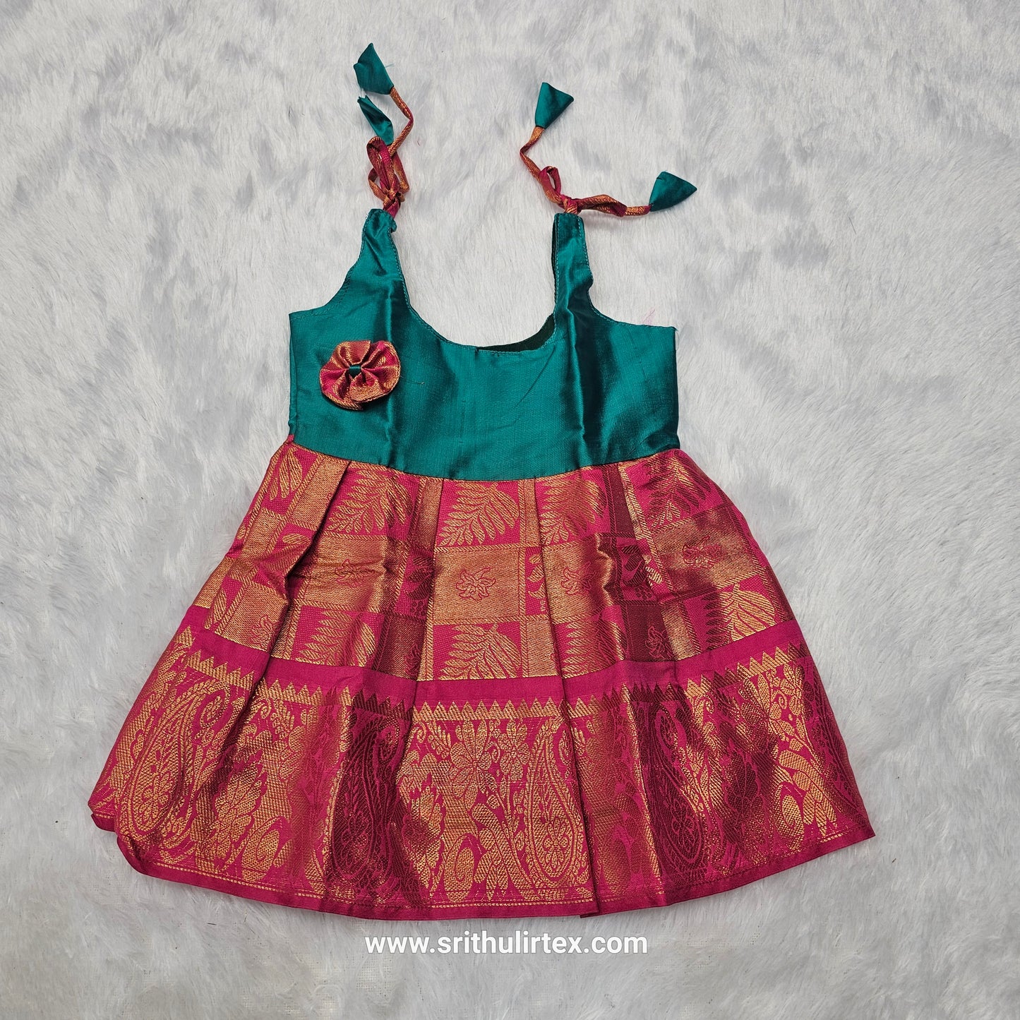 (Price: 250) 7 Month To 12 Month Baby Silk Frock Gold Border | Rope Type Design | Sri Thulir Tex (Batch-1)