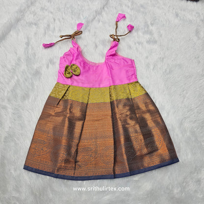 (Price: 250) 7 Month To 12 Month Baby Silk Frock Gold Border | Rope Type Design | Sri Thulir Tex (Batch-2)