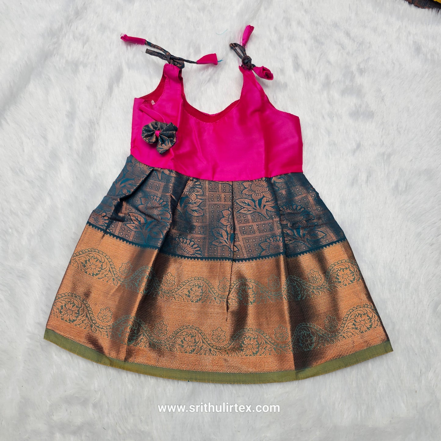 (Price: 250) 7 Month To 12 Month Baby Silk Frock Gold Border | Rope Type Design | Sri Thulir Tex (Batch-2)