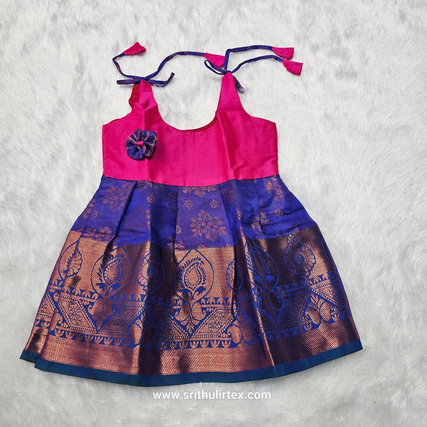 (Price: 250) 7 Month To 12 Month Baby Silk Frock Gold Border | Rope Type Design | Sri Thulir Tex (Batch-1)