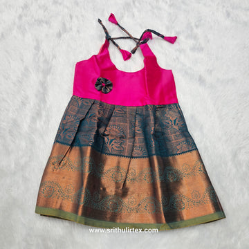 (Price: 250) 7 Month To 12 Month Baby Silk Frock Gold Border | Rope Type Design | Sri Thulir Tex (Batch-2)