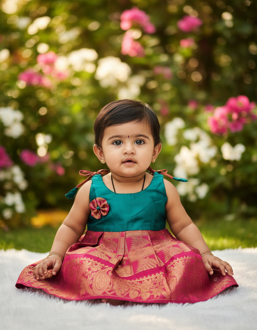 (Price: 250) 7 Month To 12 Month Baby Silk Frock Gold Border | Rope Type Design | Sri Thulir Tex (Batch-1)