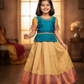 Teal blue and cream kids pattu pavadai set with puff sleeves and bridal silk skirt by Sri Thulir Tex
