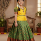 Yellow and green kids pattu pavadai set with puff sleeves and gold zari bridal silk skirt by Sri Thulir Tex