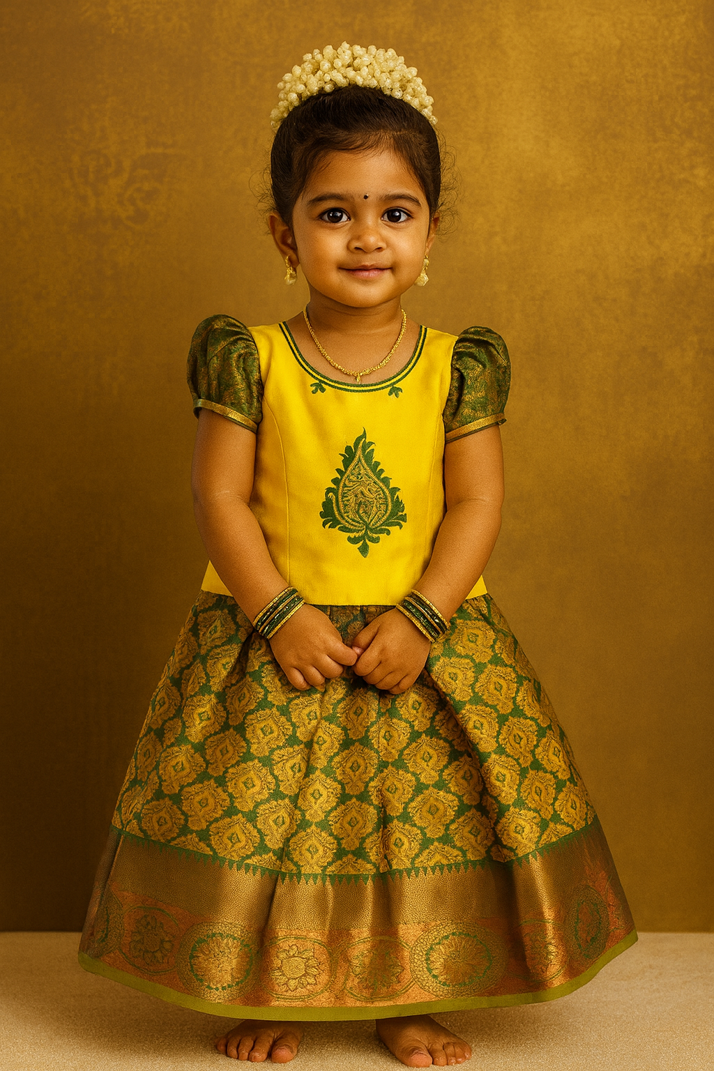Little South Indian girl wearing a yellow and green silk pattu pavadai with puff sleeves and traditional zari design – Sri Thulir Tex premium kids wear
