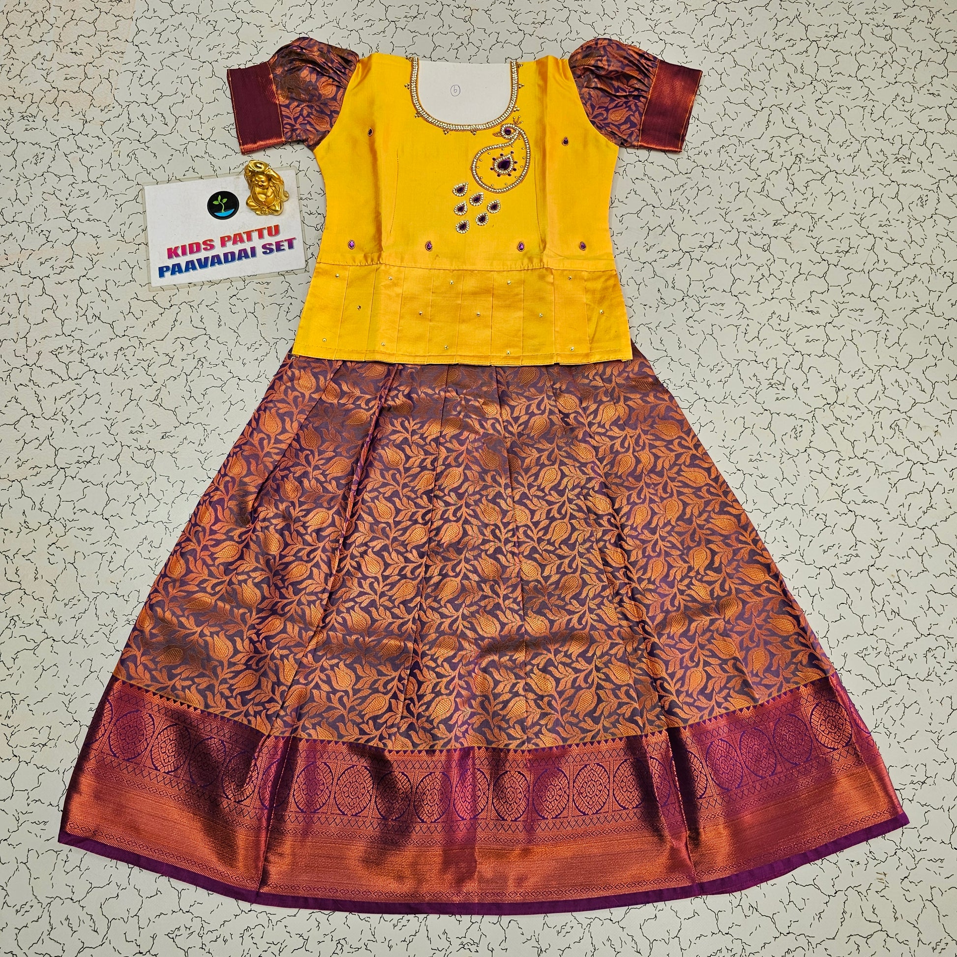 Yellow and maroon bridal silk pattu pavadai for kids with puff sleeves and stone embroidery – Sri Thulir Tex traditional South Indian festive wear