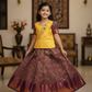 Yellow and maroon bridal silk pattu pavadai for kids with puff sleeves and stone embroidery – Sri Thulir Tex traditional South Indian festive wear