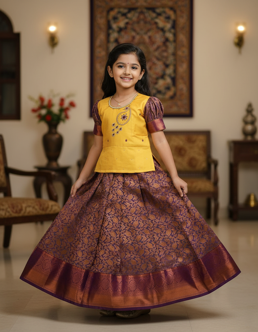 Yellow and maroon bridal silk pattu pavadai for kids with puff sleeves and stone embroidery – Sri Thulir Tex traditional South Indian festive wear