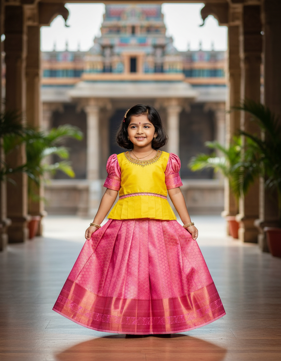 Yellow and pink kids pattu pavadai set with puff sleeves and bridal silk skirt by Sri Thulir Tex