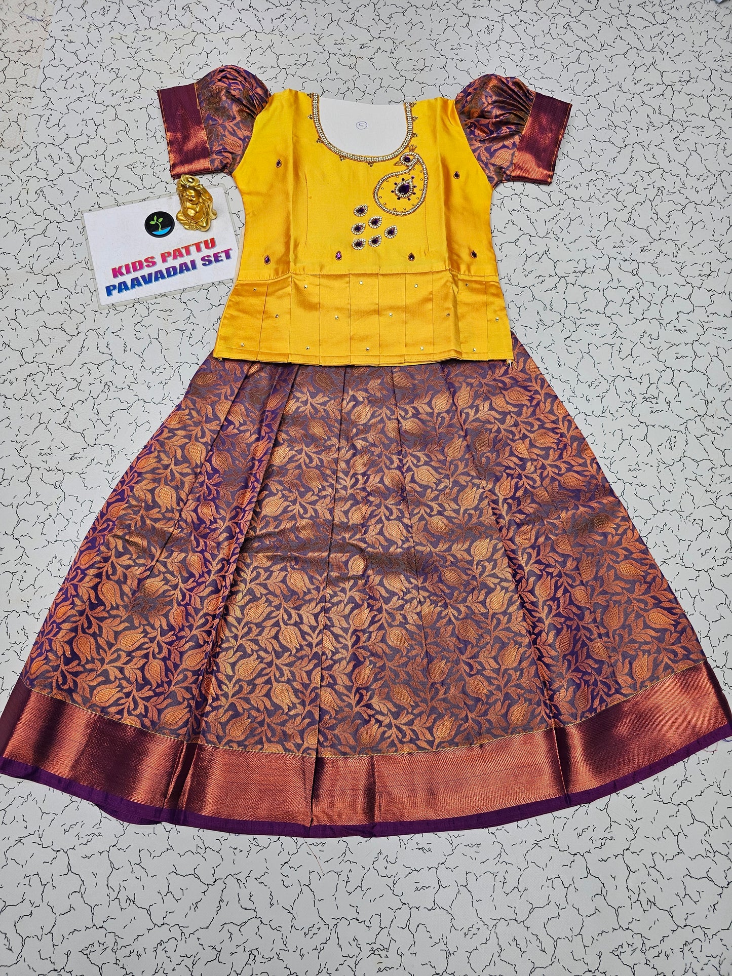Yellow and purple bridal silk pattu pavadai for kids with puff sleeves and stone embroidery – Sri Thulir Tex traditional South Indian festive wear