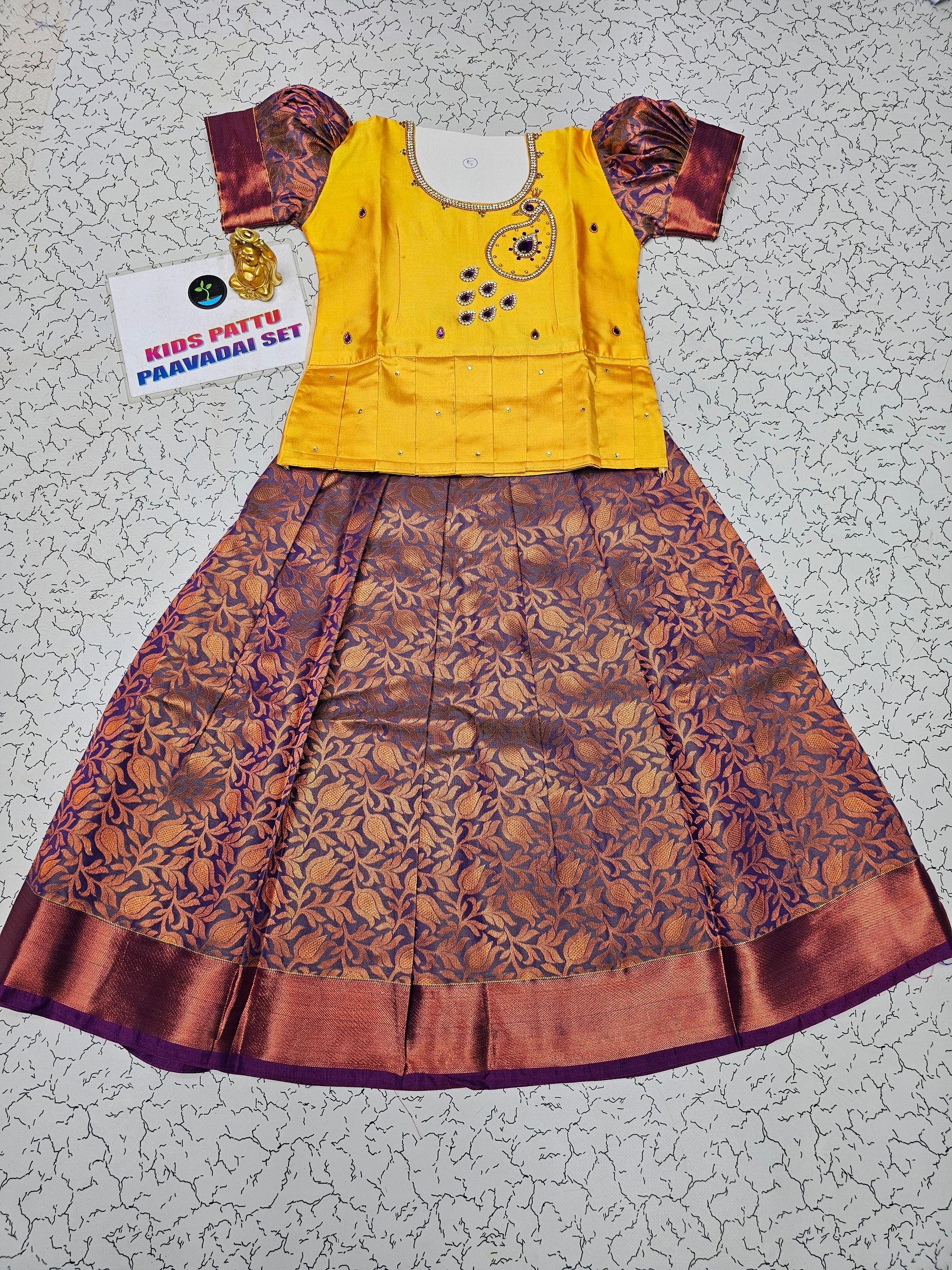 Yellow and purple bridal silk pattu pavadai for kids with puff sleeves and stone embroidery – Sri Thulir Tex traditional South Indian festive wear