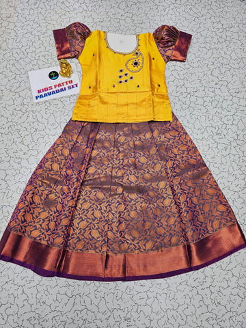 Yellow and purple bridal silk pattu pavadai for kids with puff sleeves and stone embroidery – Sri Thulir Tex traditional South Indian festive wear