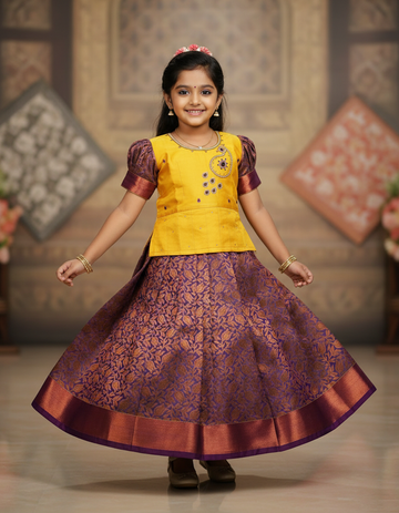 Yellow and purple bridal silk pattu pavadai for kids with puff sleeves and stone embroidery – Sri Thulir Tex traditional South Indian festive wear