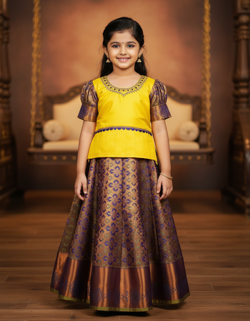 Yellow and purple kids pattu pavadai set with puff sleeves and bridal silk skirt by Sri Thulir Tex