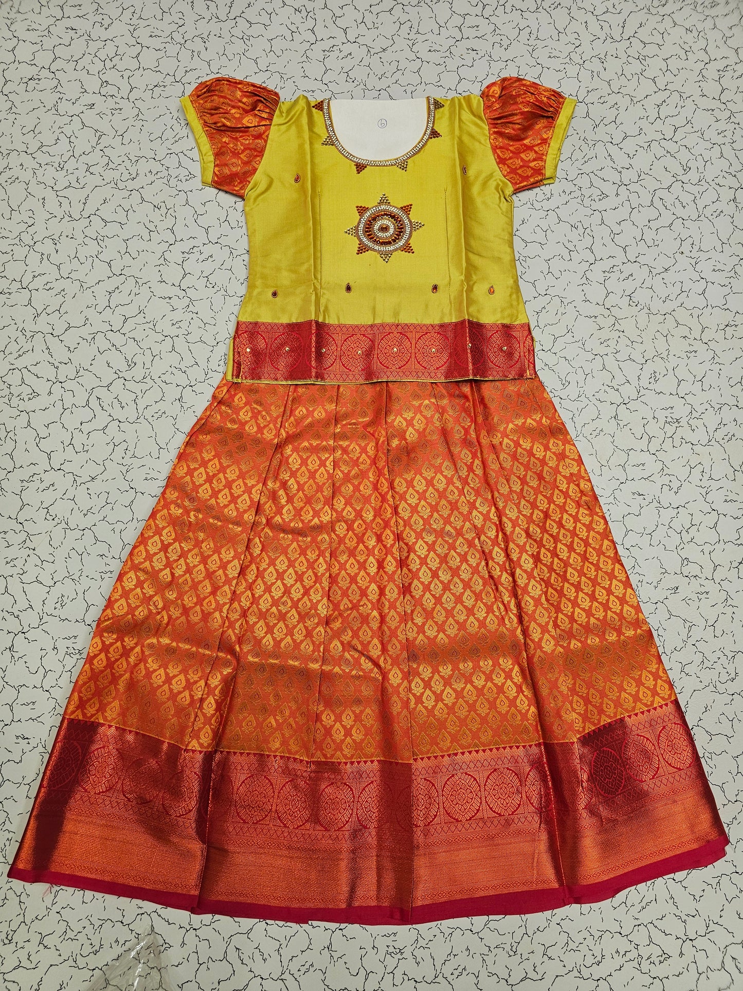 Yellow and red bridal silk pattu pavadai for kids with puff sleeves and stone work embroidery – Sri Thulir Tex South Indian traditional wear