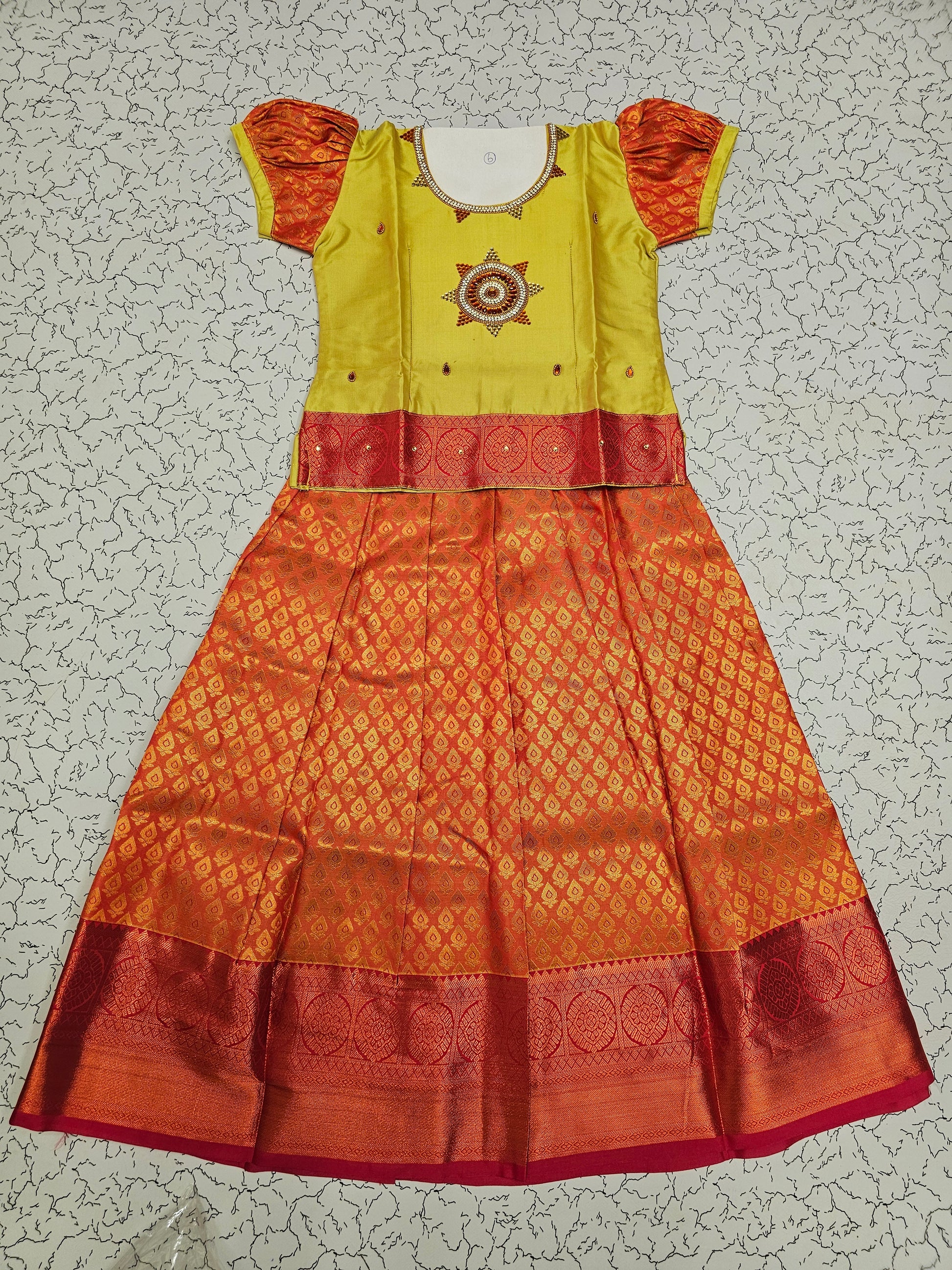 Yellow and red bridal silk pattu pavadai for kids with puff sleeves and stone work embroidery – Sri Thulir Tex South Indian traditional wear