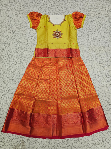 Yellow and red bridal silk pattu pavadai for kids with puff sleeves and stone work embroidery – Sri Thulir Tex South Indian traditional wear