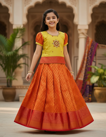 Yellow and red bridal silk pattu pavadai for kids with puff sleeves and stone work embroidery – Sri Thulir Tex South Indian traditional wear
