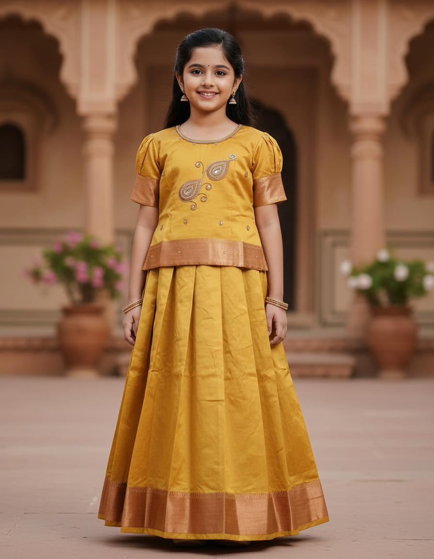 Yellow semi silk pattu pavadai for girls with puff sleeve and zari border – Sri Thulir Tex